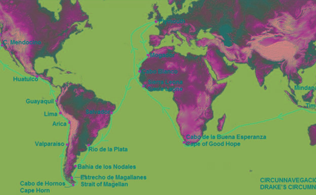 Mapa que muestra el viaje de circunnavegación de Francis Drake entre 1577 y 1580. 