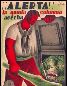 Imagen secundaria 2 - Arriba, aval de la posguerra sobre San-Agero; abajo a la izquierda, el olivantino Carlos Píris con su tesis; y a la derecha, cartel propagandístico republicano contra la quinta columna. 