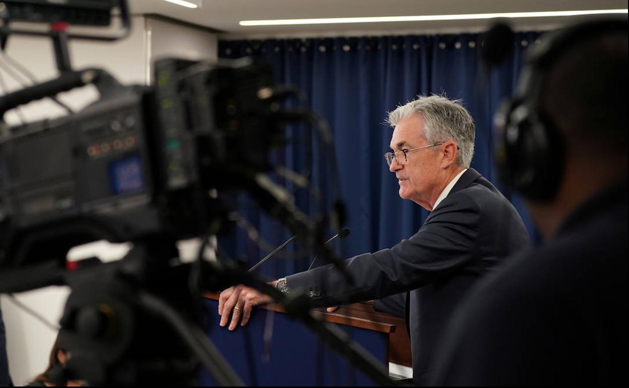 El presidente de la Reserva Federal (Fed), Jerome Powell, este miércoles en rueda de prensa. 