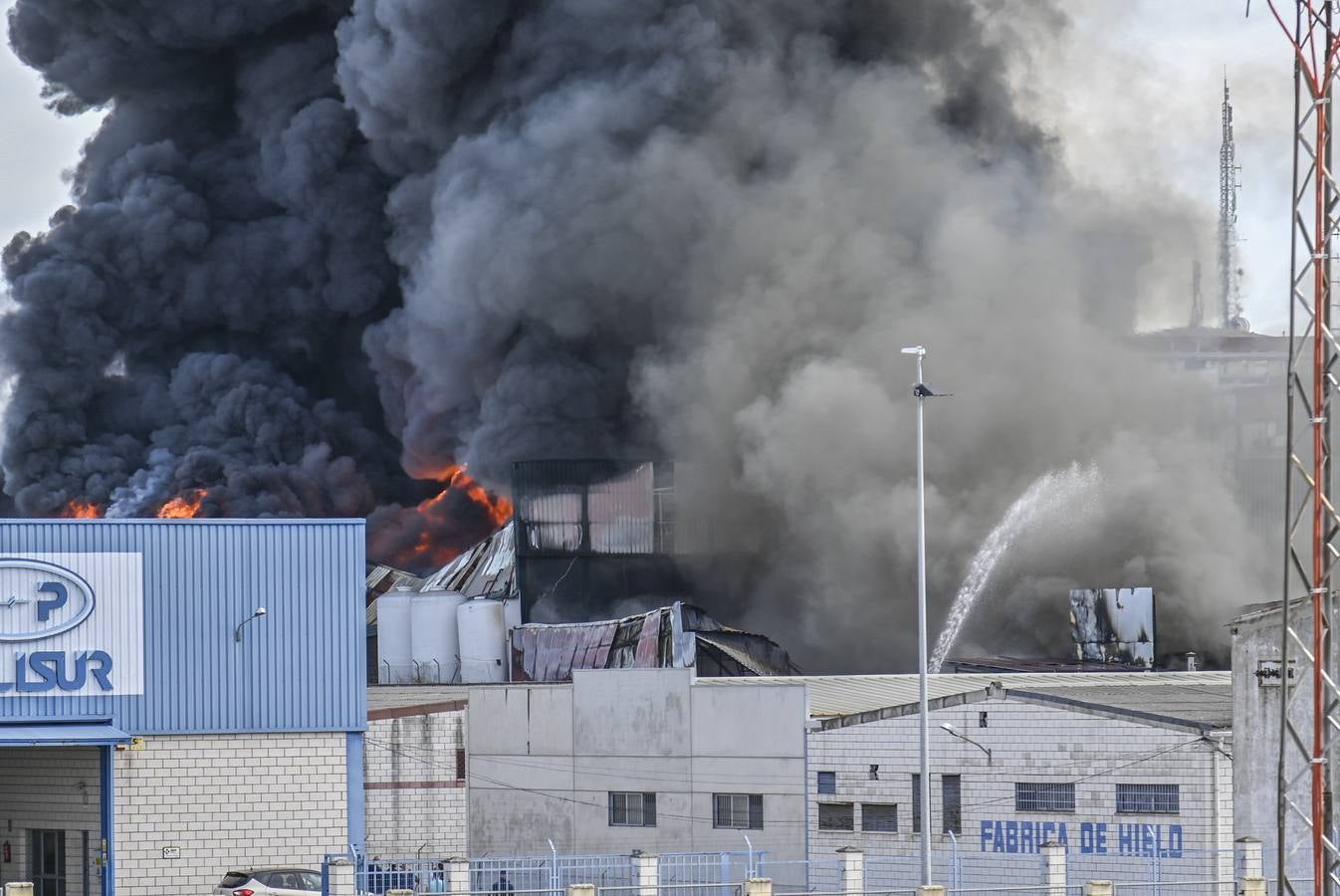 Fotos: Columna de humo causada por el incendio de la panificadora en Badajoz