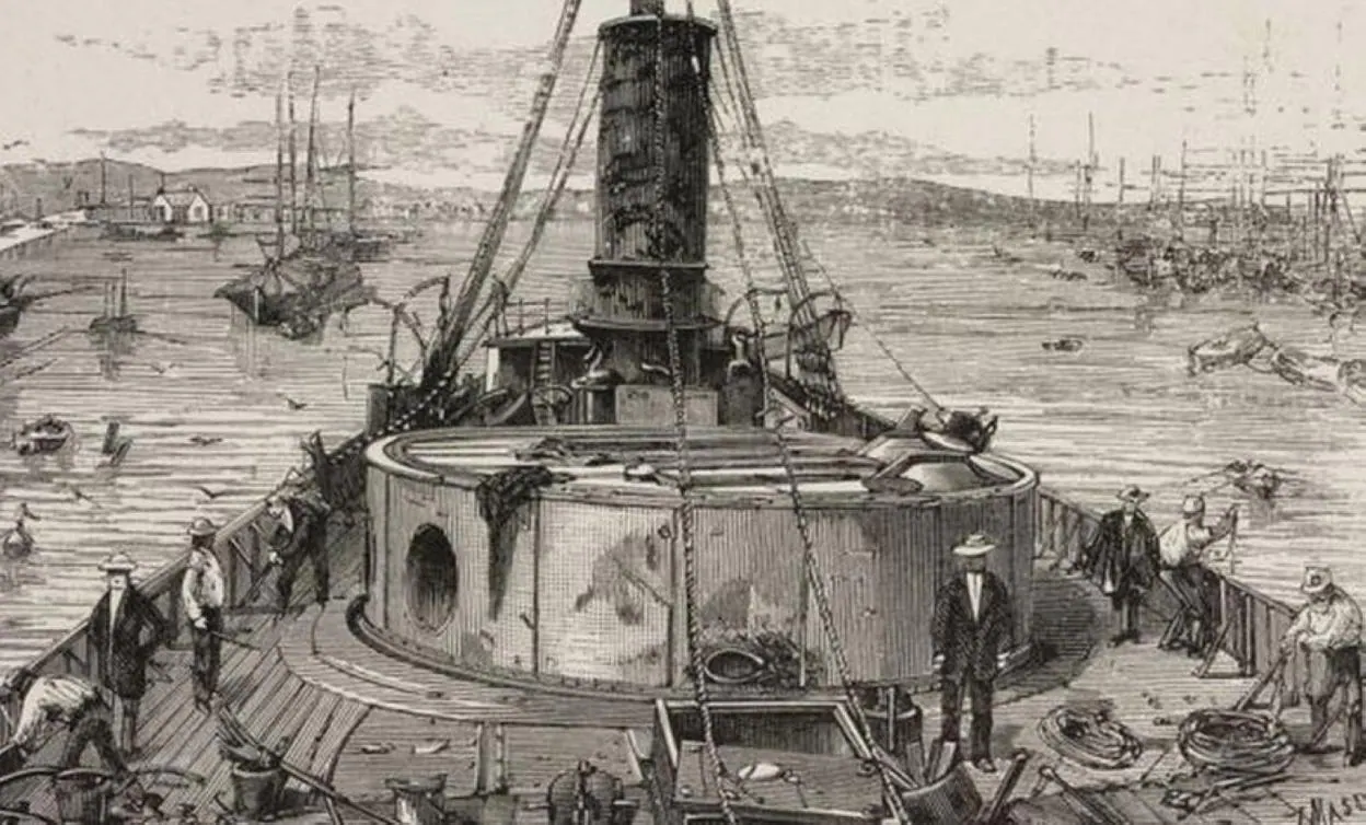 Litografía de la novedosa torreta artillada del buque. 