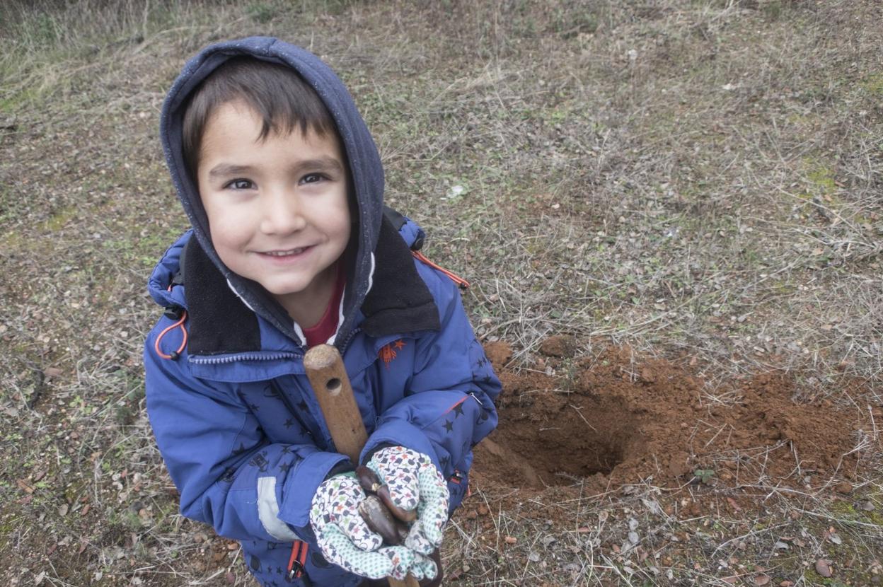 Un niño sujeta un puñado de bellotas entre las manos antes de sembrarlas ayer en Badajoz. :: 