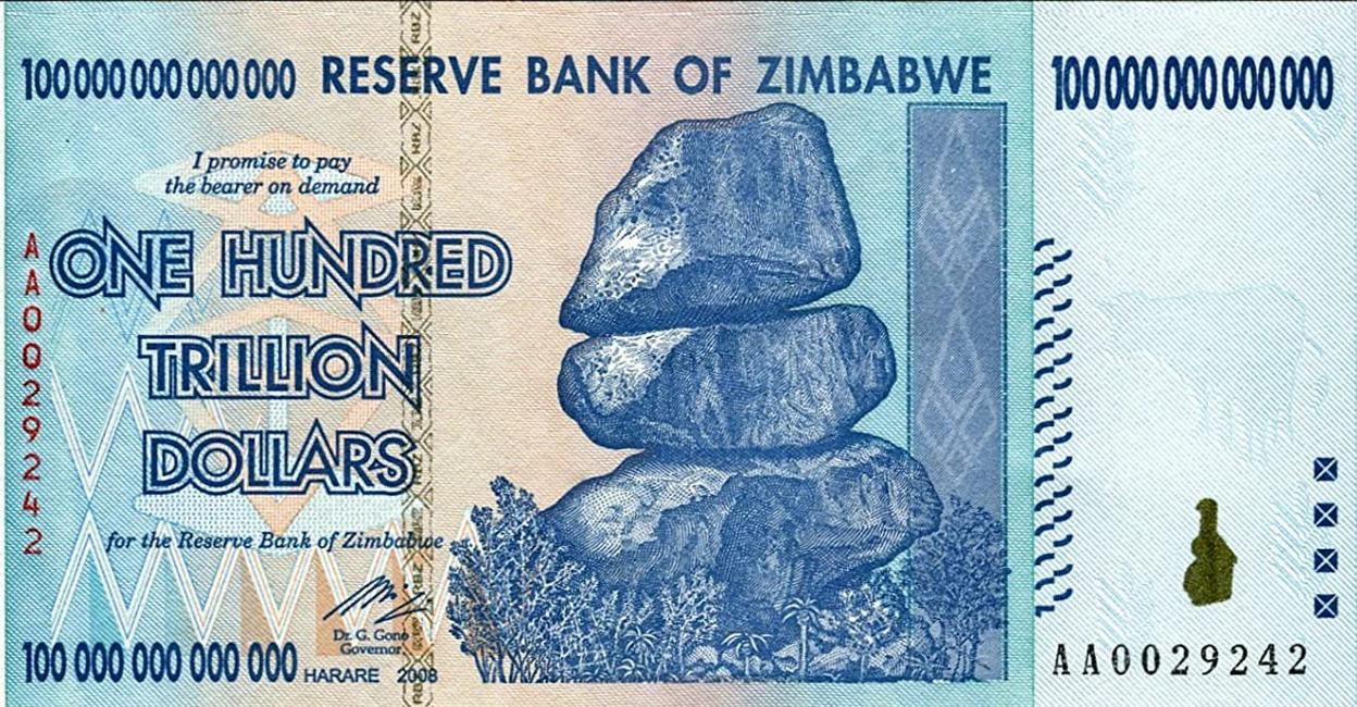 El billete de cien billones de dólares de Zimbabue.