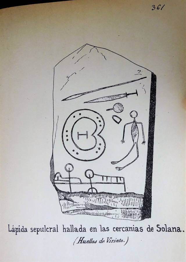 Dibujo de la lápida sepulcral que recogió Roso en Solana, con la representación de un guerrero con su lanza, espada y escudo