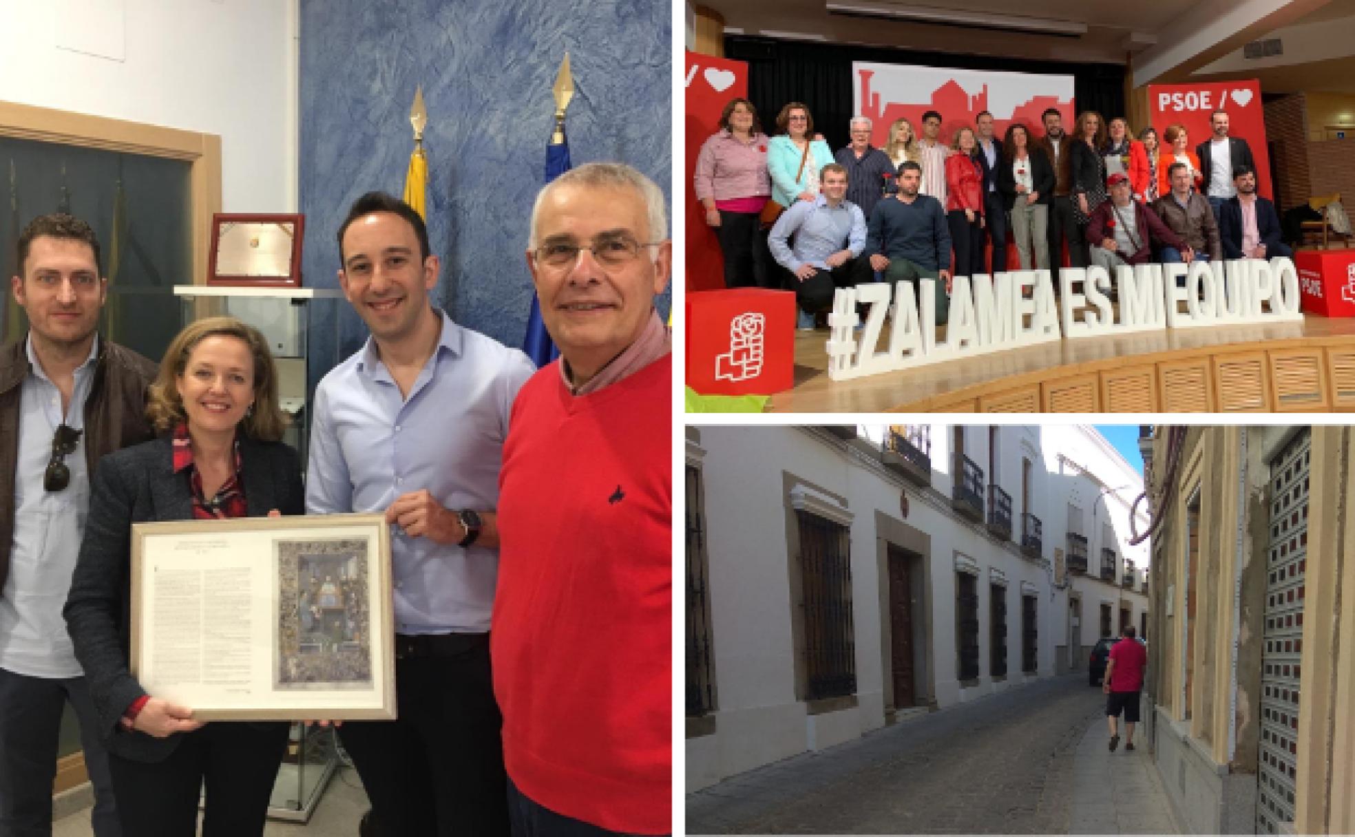 Izq. Calviño, junto a Miguel Ángel Fuentes (a su izquierda), alcalde de Zalamea. | Der. Arr. La ministra, en el centro, durante la presentación de la candidatura del PSOE a la alcaldía de Zalamea de La Serena, el 17 de abril del año pasado. | Abj. Casa solariega propiedad de la familia política de la ministra, en la calle del Cristo, en Zalamea. 