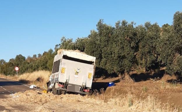 Imagen del camión y la paja por la calzada.