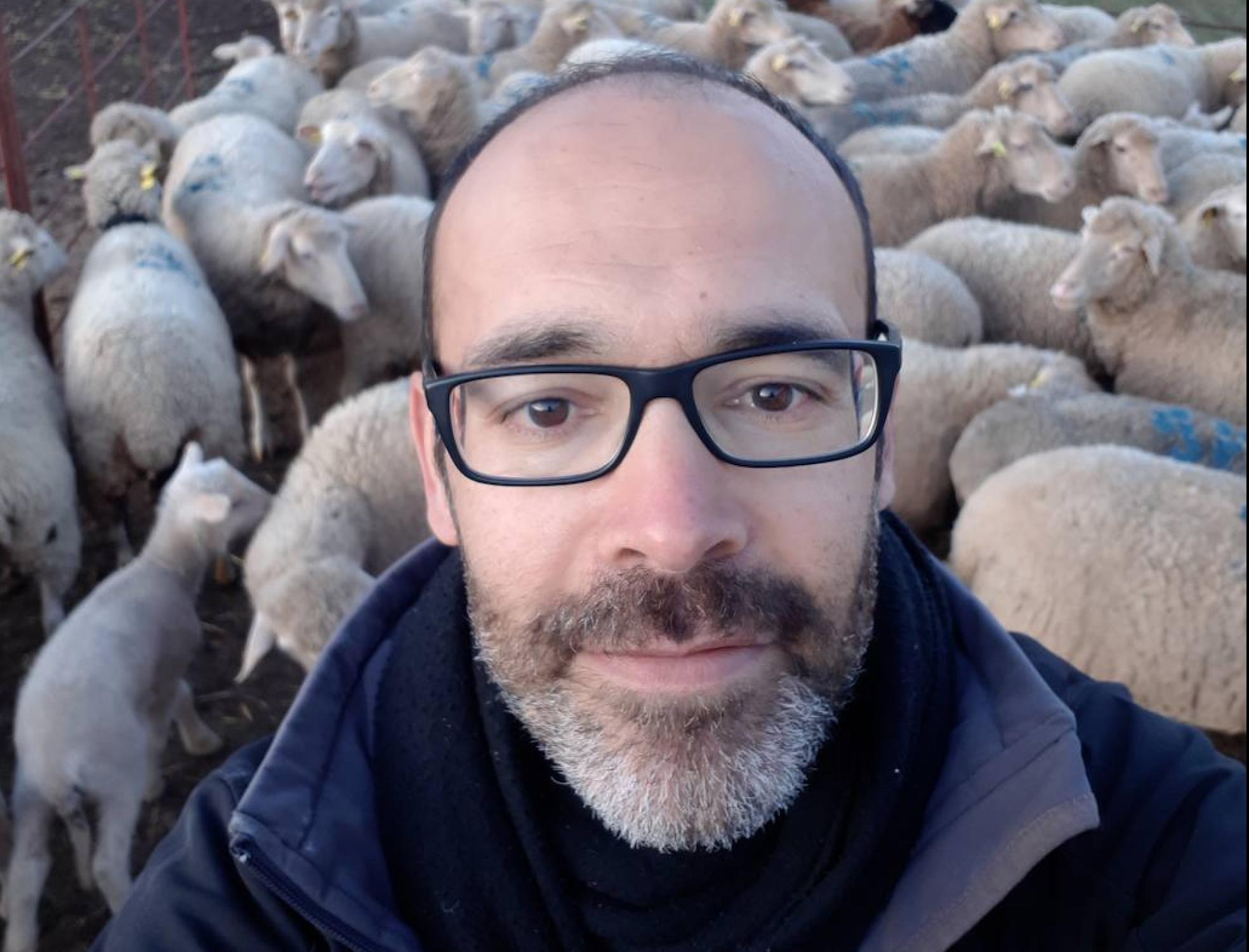 Gabi Martínez con algunas de las ovejas que cuidó en su aventura. 