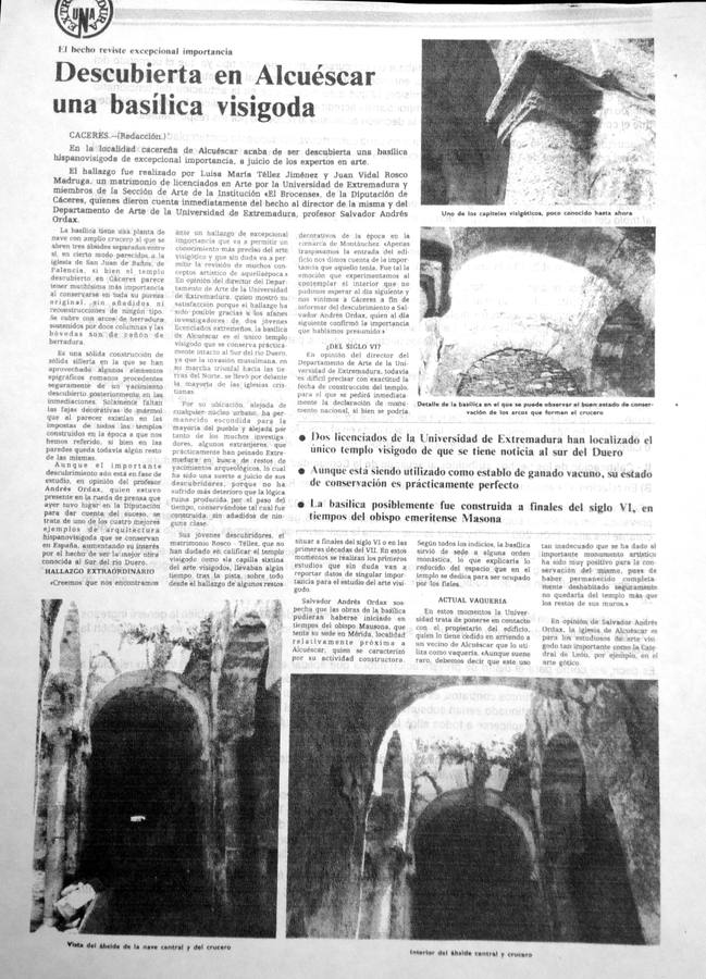 Noticia en el Diario HOY de 1980, del descubrimiento de la basílica visigoda de Alcuéscar por Juan Rosco y su mujer Luisa María Téllez.