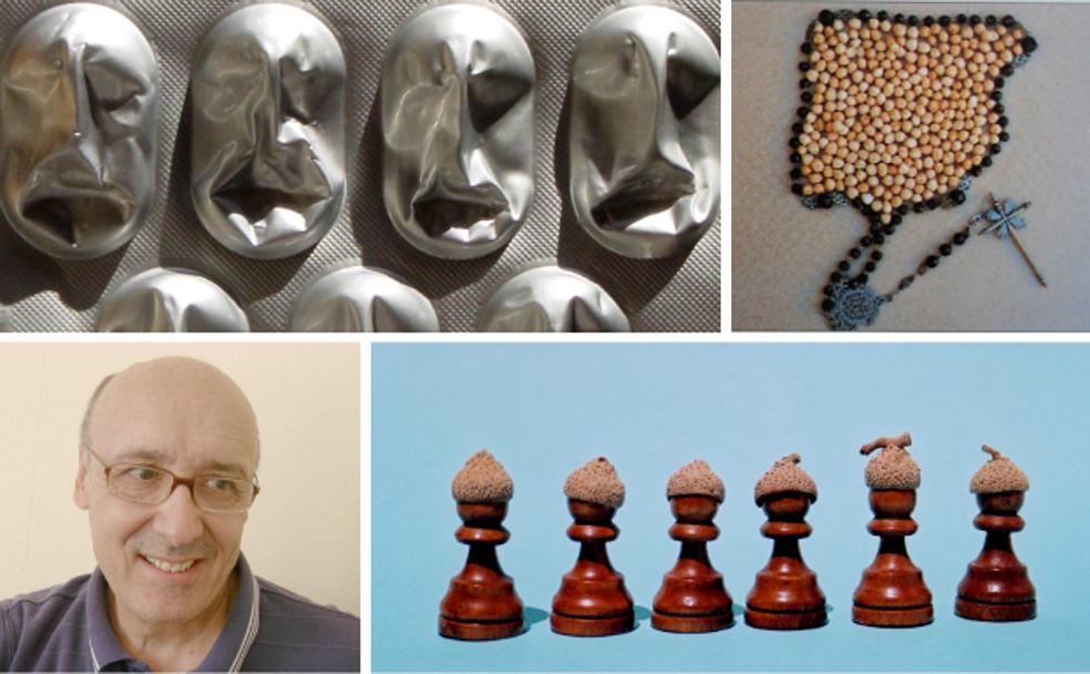 Arriba izq. Poema visual llamado 'Dolor' | Arriba der. 'Postguerra' con garbanzos y un rosario | Abajo izq. Juan Rosco | abajo der. 'Extremeñeinos' pardos como la tierra. 