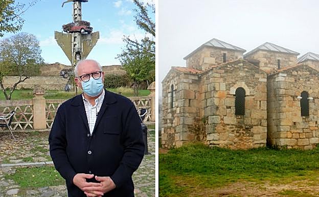 Imagen. Izq. José Antonio Agúndez. | Der. Basílica de Alcuéscar que en los 80, en ruinas, guardaba vacas.