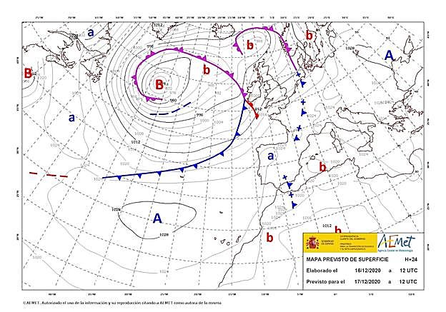 Uno de los mapas de predicción meteorológica de la Agencia Estatal de Meteorología para el 17 de diciembre de 2020.