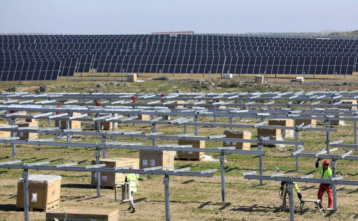 Trabajos de construcción de la planta fotovoltaica de Talaván, en la provincia de Cáceres. Entrará pronto en funcionamiento. 