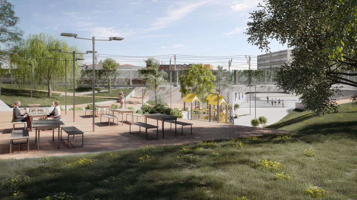 Recreación de los aledaños de la línea de alta velocidad a su paso por Navalmoral de la Mata. 