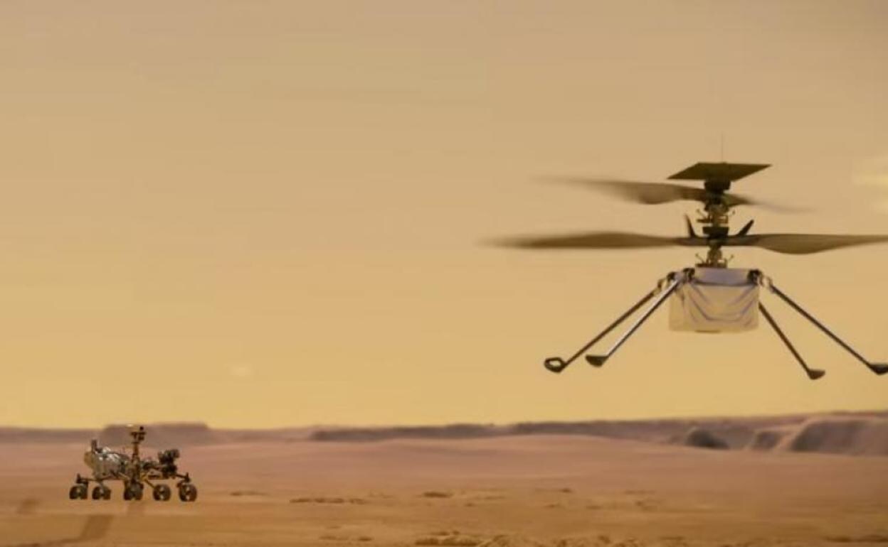 Recreación del vuelo del helicóptero Ingenuity, con el 'rover' Perseverance al fondo