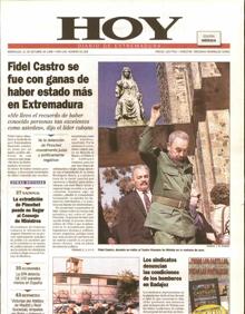 Imagen secundaria 2 - Arriba, Fidel entre Ibarra y José María Álvarez en el MNAR; abajo, Juan Carlos Rodríguez Ibarra junto al dirigente cubano y HOY del 21 de octubre de 1998. 