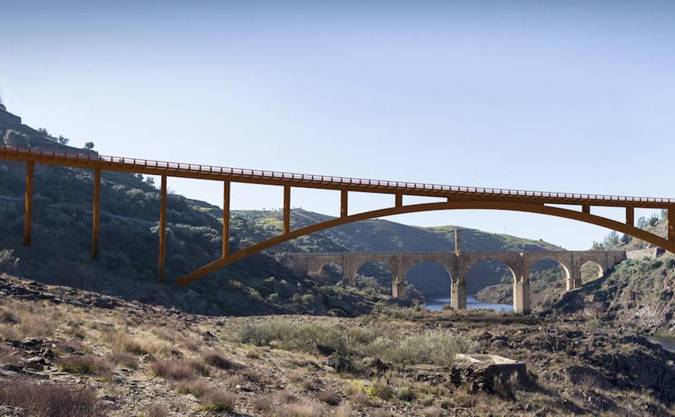 Recreación informática del nuevo viaducto sobre el río Tajo, y detrás, el puente romano de Alcántara. Les separarán unos 200 metros. 