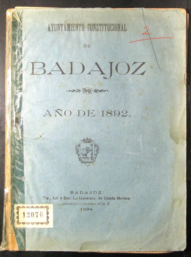 Portada de las ordenanzas municipales de Badajoz en 1892. Donado por Rafael Rodríguez-Moñino a la Biblioteca Pública de Cáceres.