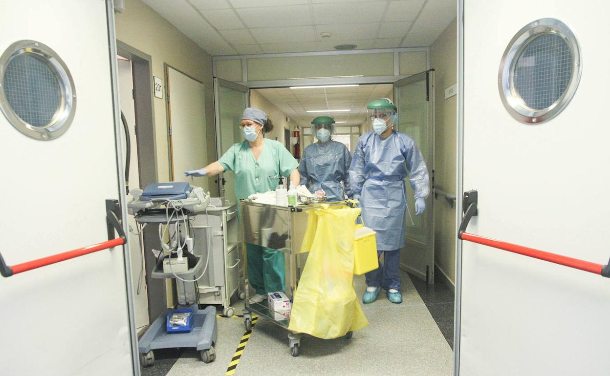 Varios sanitarios en una de las plantas del hospital San Pedro de Alcántara de Cáceres. 