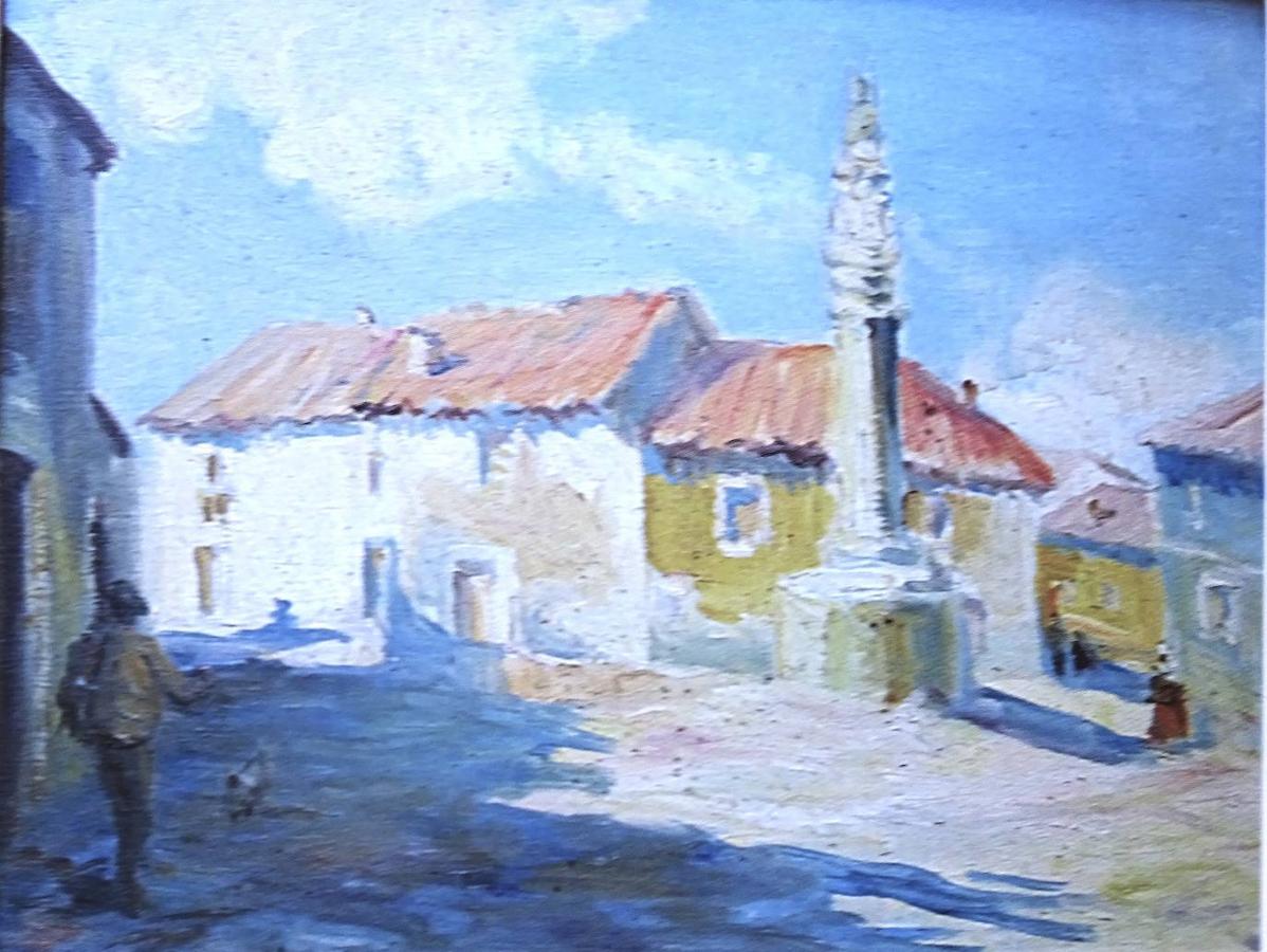 Cuadro al óleo de la Plaza del Rollo de Madroñera, pintado por Solís Ávila