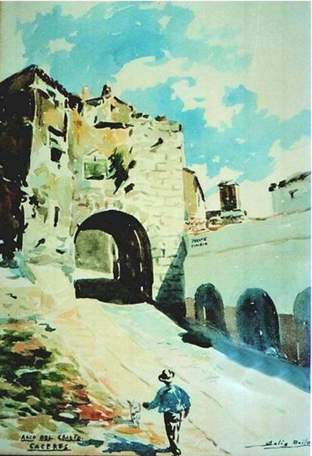 Acuarela de Solís Ávila del Arco del Cristo en Cáceres.