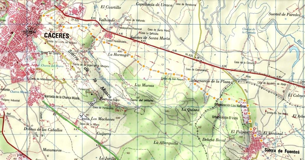 En círculos amarillos la etapa de Cáceres a Sierra de Fuentes; la primera del Camino de los Descubridores, 133 kilómetros de Cáceres a Guadalupe.