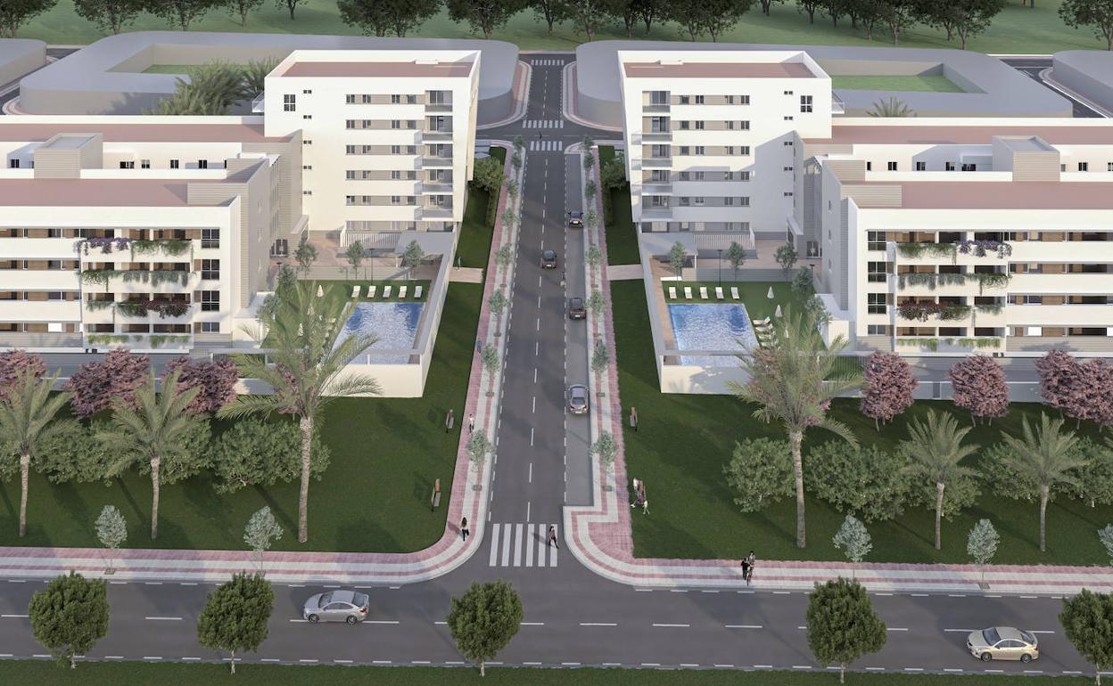 Reproducción infográfica de cómo quedará la promoción de viviendas en el solar de Ifeba. 