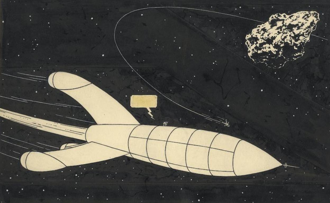 Detalle de una página de 'Aterrizaje en la Luna' (1954) de la serie de Tintín, valorado en 3 millones de euros. 