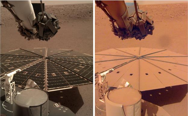 Los paneles solares de Insight en diciembre de 2018, días después de su llegada a Marte, y el pasado 24 de abril, cubiertos de polvo. 