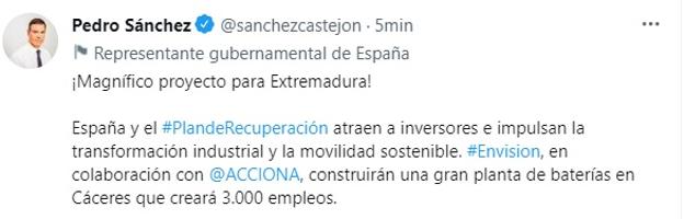 Tuit de Pedro Sánchez sobre la gigafactoría. 