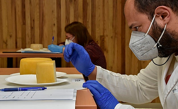 Un momento de la fase visual y de textura en la cata de queso el viernes en Intaex. 