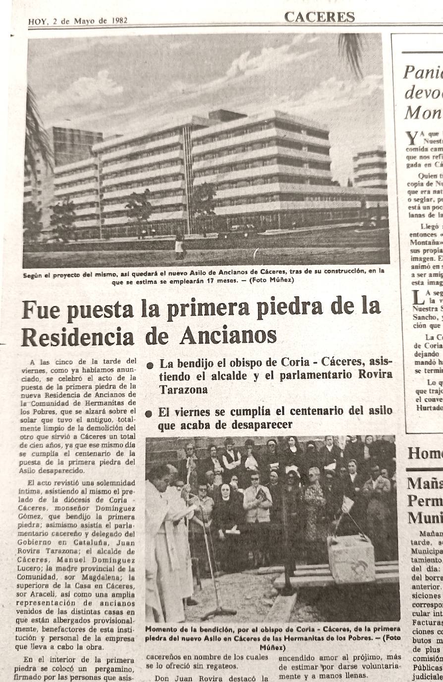Noticia del 2 de mayo de 1982 con la colocación de la primer piedra de la nueva residencia, que en un primer proyecto era distinta. 