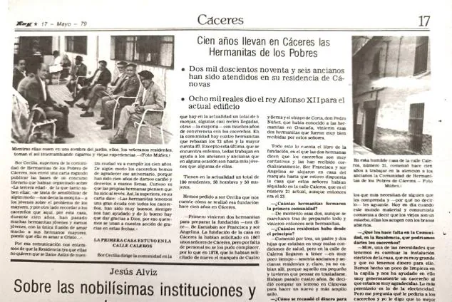 Repotaje del Diario HOY del 17 de mayo de 1979 recordando los cien años de las Hermanitas de los Pobres en Cáceres.