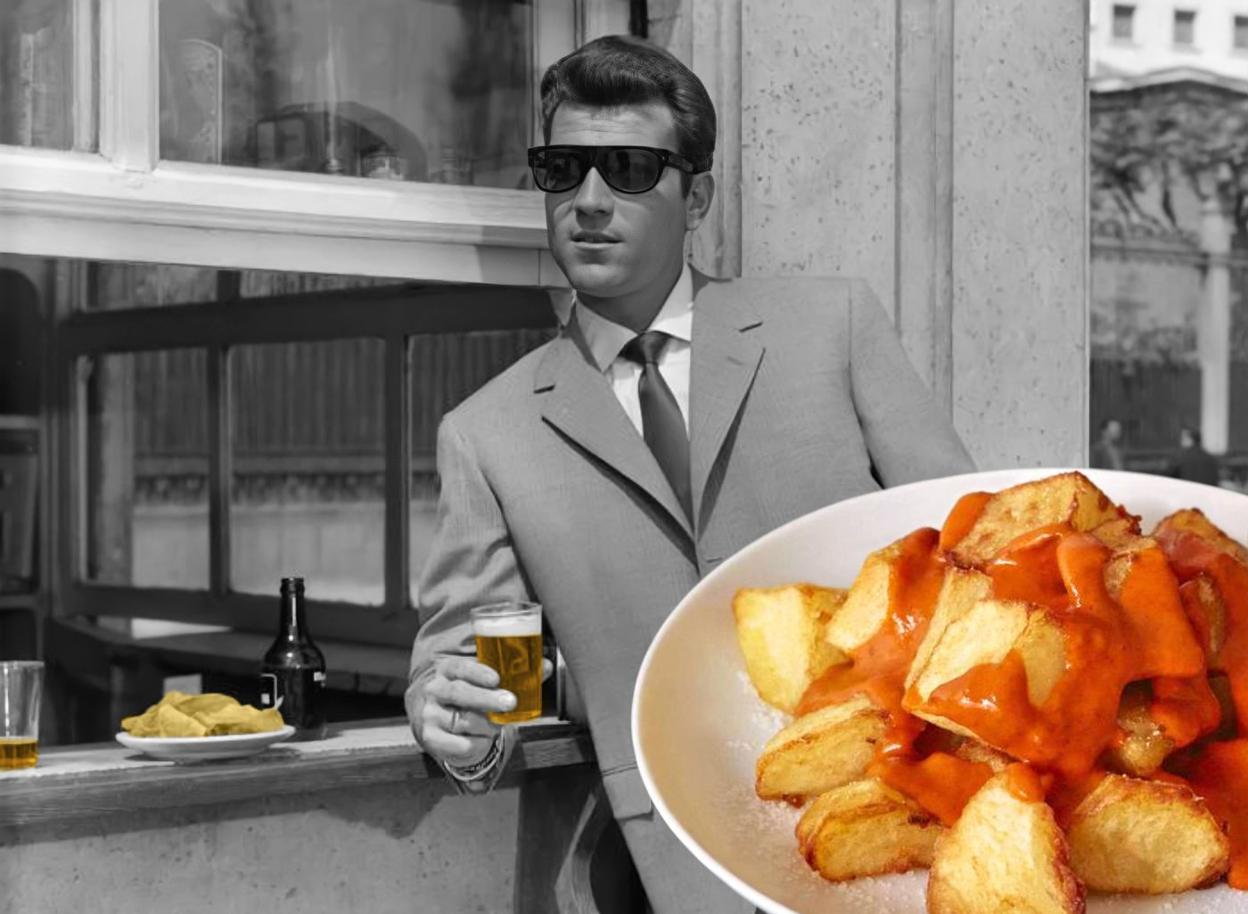 Un hombre toma el aperitivo en un bar, en una fotografía de Pando Barrero (1961).