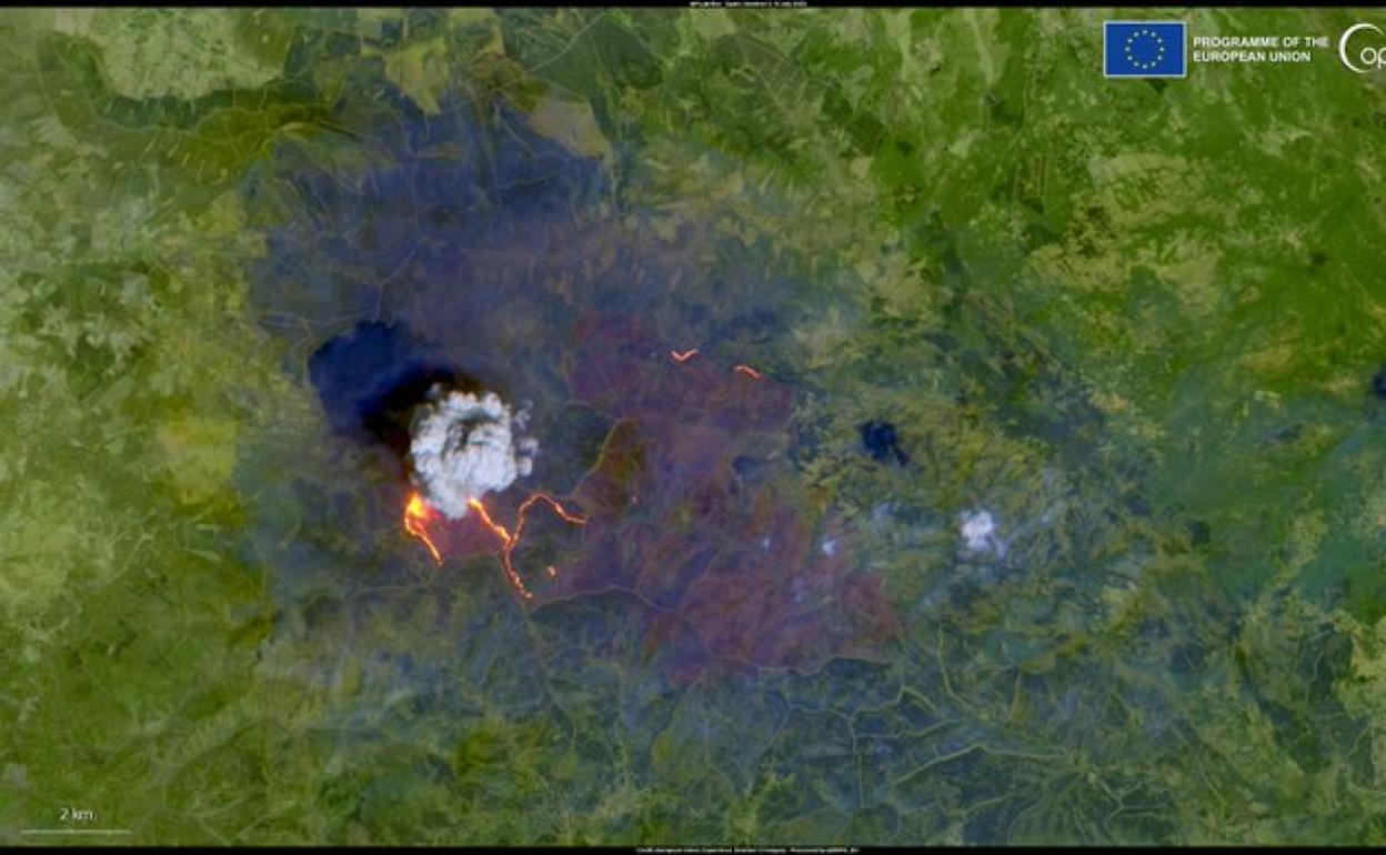 Imagen de la zona afectada por el incendio de Las Hurdes desde el espacio. 