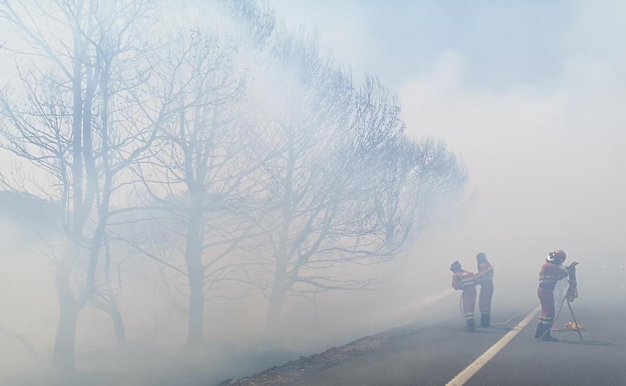 Efectivos trabajando en la estabilización del incendio desde la carretera. 