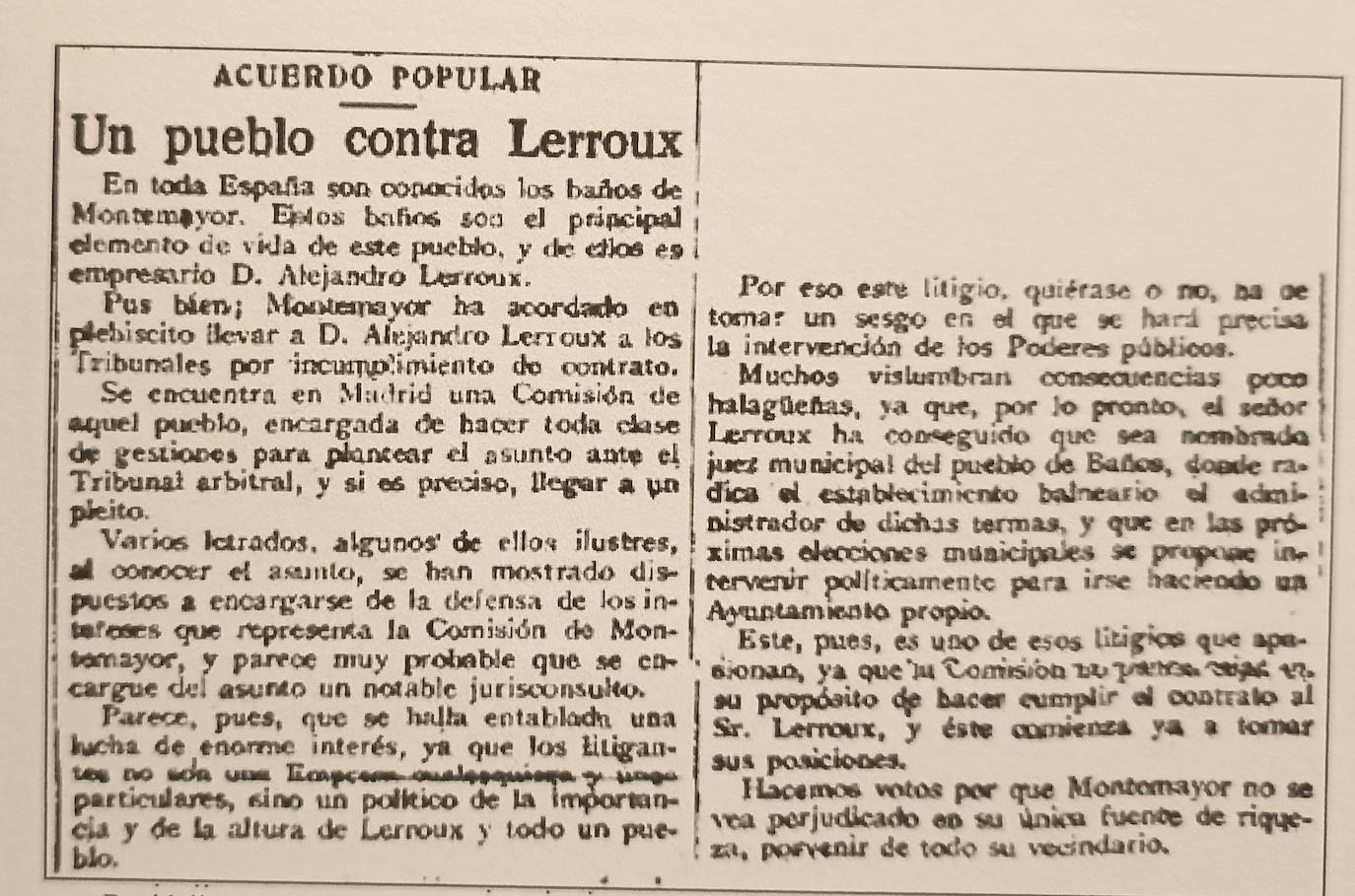 Noticia de 1922 en 'La Correspondencia de España', en donde se da cuenta del litigio que tenía el pueblo de Baños con Lerroux.