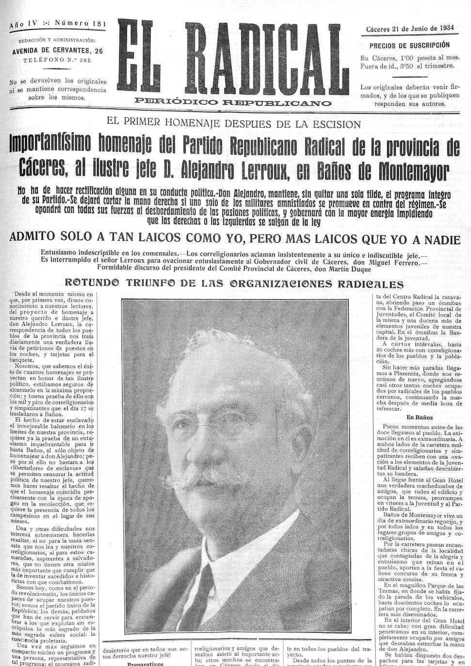 Portada del 21 de junio de 1934 de 'El Radical', informando sobre el homenaje en Baños de Montemayor, al que entonces era expresidente del Consejo de Ministros.