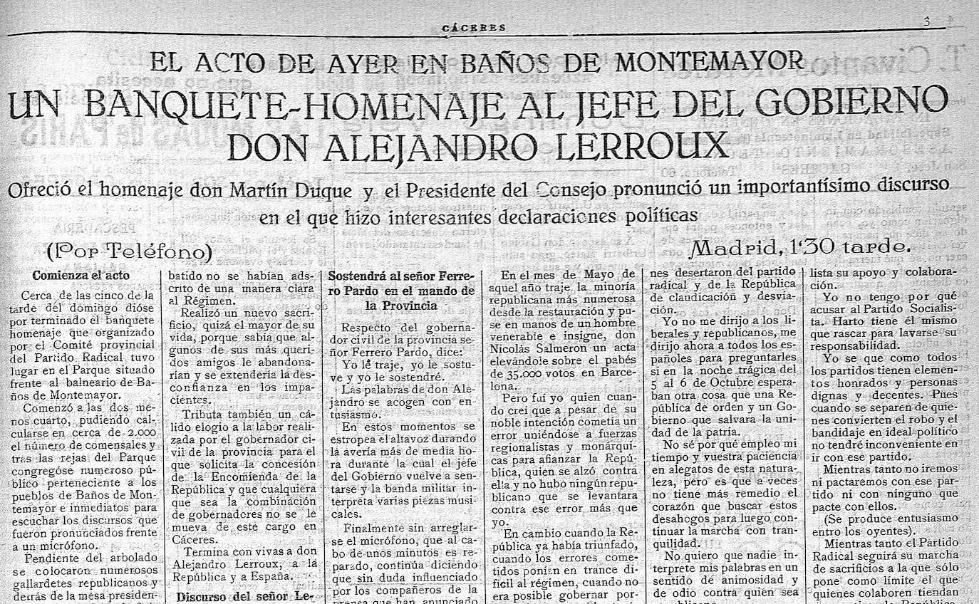 Una de las muchas informaciones publicadas sobre el banquete a Lerroux en agosto de 1935.