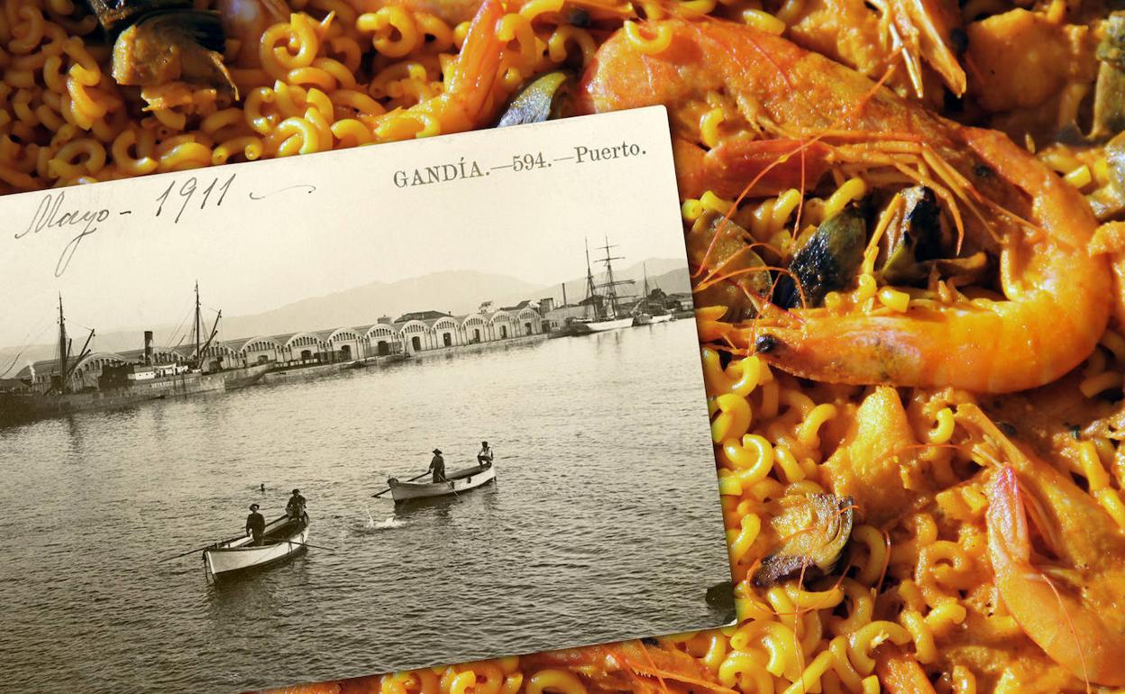 Fideuá y postal antigua del puerto de Gandía (1911).