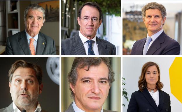 Arriba, de izquierda a derecha: Alfonso Soláns, presidente de Pikolín; Mauricio González, presidente de González Byass; y Francisco J. Riberas, presidente de Gestamp. Abajo, Ignacio Rivera, presidente de Hermanos Rivera (Estrella Galicia); Mané Calvo García-benavides, consejero delegado del Grupo Calvo; y Rocío Hervella, consejera delegada de Productos Solubles (Prosol). 