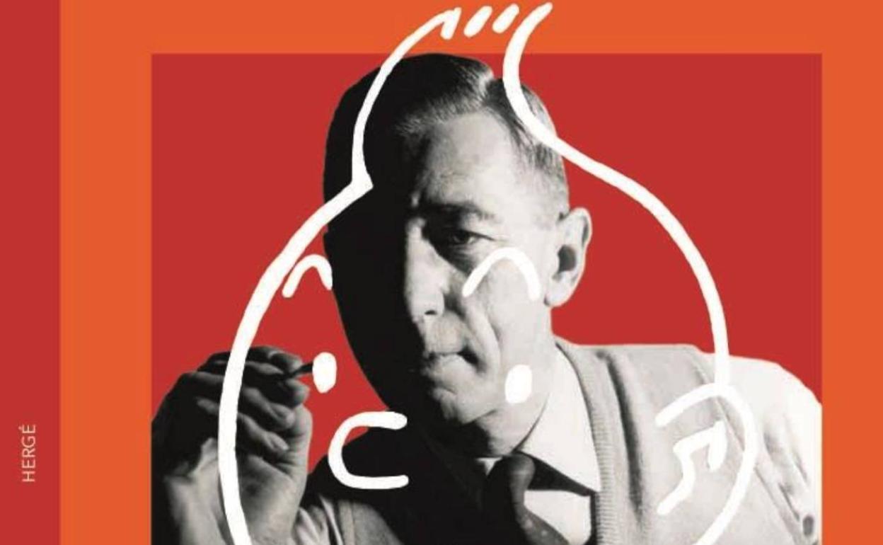 Hergé dibujando a su icónico personaje en el catálogo de la Muestra. 