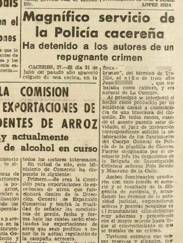 Noticia del 28 de febrero de 1959 en el Diario HOY, en la que se da a conocer que la muerte del muchacho fue un crimen.