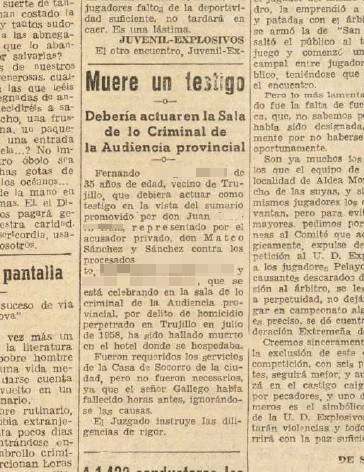 Noticia del 2 de julio de 1960 de la extraña muerte en un hotel de Cáceres de una persona relacionada con el juicio.