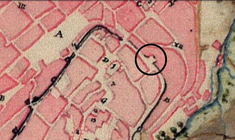 Plano de Cáceres de 1822 en el que aparece la Plazuela del Aire, que señalamos dentro de un círculo.