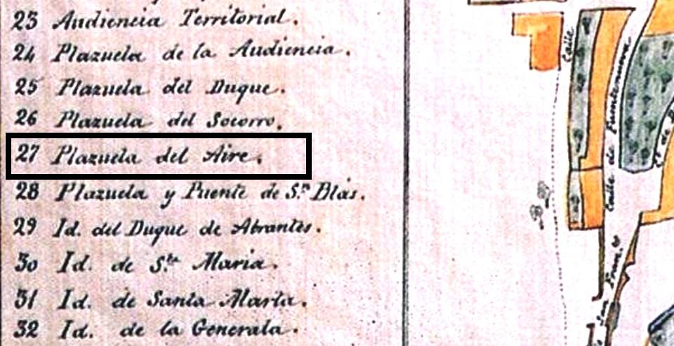 Plano de Cáceres de 1845 en el que ya figura señalada la Plazuela del Aire.