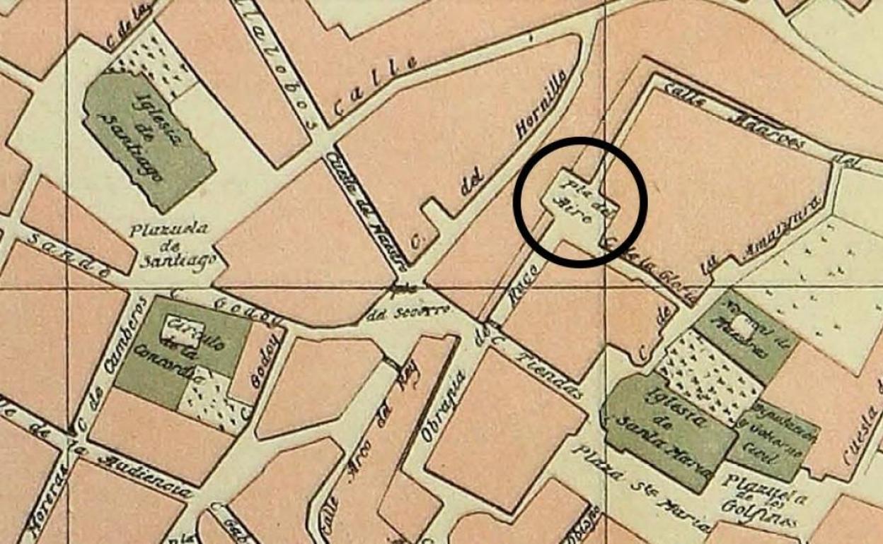 La Plazuela del Aire señalada con un círculo en el plano de Cáceres de 1902. 
