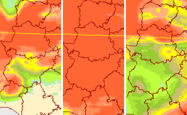 Probabilidad de precipitación superior a 2 litros por metro cuadrado previstos para este lunes (izquierda), martes (centro) y miércoles (derecha). El color más anaranjado indica que la probabilidad es del 100%. 