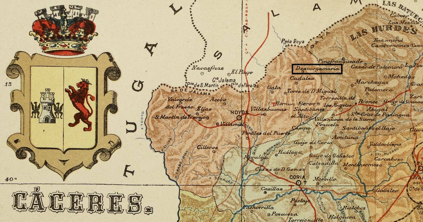 La localidad de Descargamaría destacada en un mapa de la provincia de Cáceres de la época en la que ocurrió el crimen.
