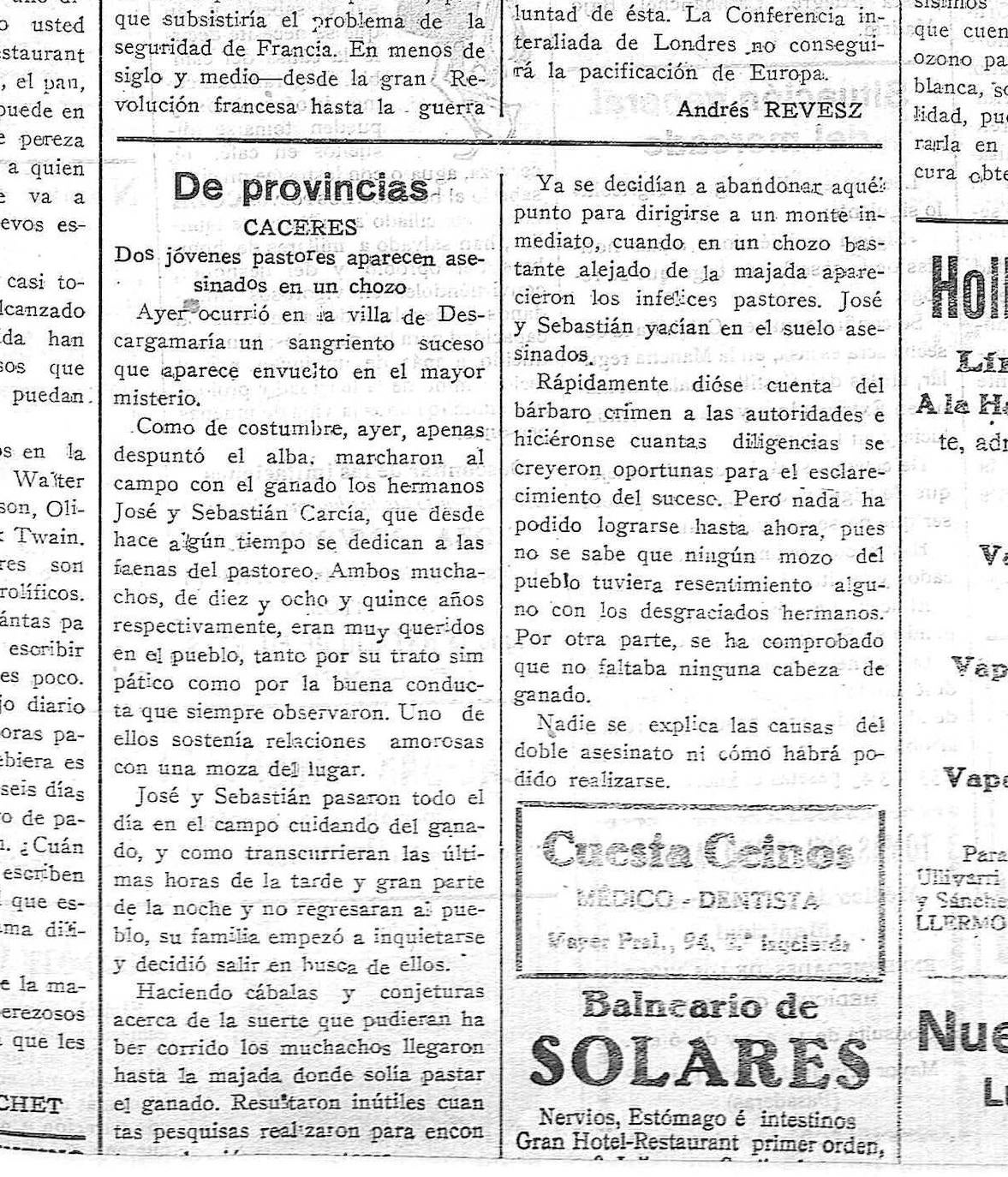 Noticia del crimen en 'El Diario Palentino' del 10 de julio de 1924.