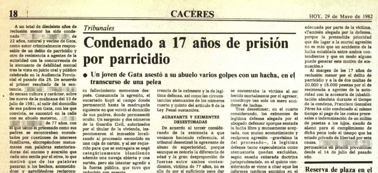 Noticia de la condena de 17 años para el parricida, publicada en el Diario HOY el 29 de mayo de 1982.